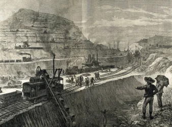 Panaman kanavan rakentaminen. Ruoppaustyöt Culebran kylässä. Meltor Priorin alkuperäinen piirustus. Kuva julkaistu The Illustrated London News -lehdessä. Kaiverrus.