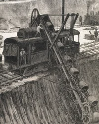 Panaman kanavan rakentaminen. Ruoppaustyöt Culebran kylässä. Meltor Priorin alkuperäinen piirustus. Kuva julkaistu The Illustrated London News -lehdessä. Kaiverrus.
