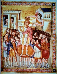 Kuningas Daavidin kruunajaiset (1015 - 975 eKr.) Israelin kuningas. Miniatyyri kirjassa "Psaltier de Paris" Folio 6v.