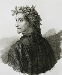 DANTE ALIGHIERI (1265-1321). Italialainen runoilija; Rafael (1483-1520). Rafaelin freskon jäljennös. Kaiverrus.