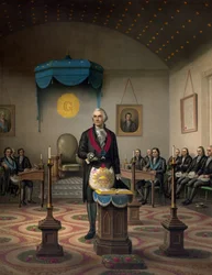 George Washington, amerikkalainen kenraali ja valtiomies, makonilaisessa asussa (Alexandria 39 -loosin kunnianarvoisa jäsen, joka tunnettiin vuonna 1805 nimellä "Washington-Alexandria").