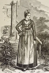 Saksa (19. vuosisata). Yhteiskunta (1879). Alsace. Alueen naiset. Juuri nyt Elsassissa oli Saksan valtakunnansääty (1871-1918). Kaiverrus. Yksityiskokoelma