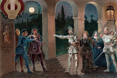 Leonora sieppaa Manricon luostarista, II näytöksen kohtaus 5 Giuseppe Verdin oopperasta "Il Trovatore".