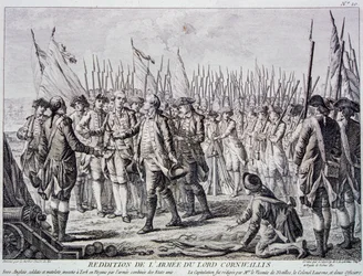 Lordi Corwallisin antautuminen Yorktownissa (kaiverrus)