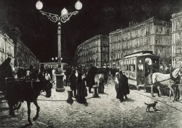 Madrid (1878). Puerta del Sol valaistuna sähkövalolla. Kuva Pellicerin piirroksen mukaan "La Ilsutracion Espanola y Americana" -lehteen. Etsaus.
