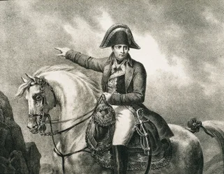 NAPOLEON I Bonaparte (1769-1821). Ranskalainen sotilas ja poliitikko, Ranskan keisari (1804-1815). Yksityiskohta Napoleonin ratsastajamuotokuvasta, joka perustuu Joseph Chabordin alkuperäiseen muotokuvaan. Kaiverrus