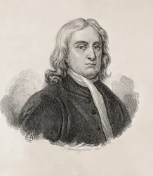 Newton, Sir Isaac (1642-1727). Englantilainen matemaatikko, fyysikko ja tähtitieteilijä; GUADAGNINI, Gaetano (1800-1860). Italialainen kaivertaja. Isaac Newtonin muotokuva, Gaetano Guadagninin teos. Kaiverrus. ITALIA. LOMBARDY. Milano. Civica Raccolta dell