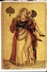 Vanhat pelikortit: eroottinen kohtaus. Musée de la Carte à Plouer, Issy-les-Moulineaux.