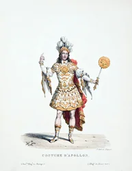 Apolloa tulkitsevan kuningas Ludvig XIV:n kuva baletissa "Les Noces de Pelee and Thetis".