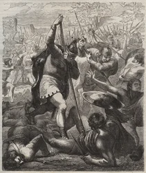 Asturian valloittajakuninkaan Pelagin kuvaus voitokkaana saraseeneja vastaan, 719, Covadonga, Espanja"