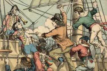 Robert Surcouf Ranskalainen merimies ja korsari, tässä englantilaisen laivan "Triton" laivaan noustessa vuonna 1796 (kaiverrus).