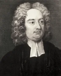 SWIFT, Jonathan (1667-1745). Irlantilainen pappi ja satiirikirjailija. Muotokuva Dublinin Pyhän Patrickin katedraalin dekaanina Charles Jervasin (1675-1739) maalauksen mukaan. Kaiverrus. Yksityiskokoelma.
