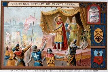 Kuudes ristiretki - Pyhän keisarikunnan keisari Fredrik II (1194-1250) (Friedrich II, Pyhän Rooman keisari) kruunaa Jerusalemin kuninkaan.