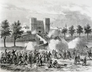 Espanja (1868). Loistelias vallankumous. Hallituksen joukkojen hyökkäys Serransin portilla Valenciassa. Kaiverrus teoksesta "Kuvitus. Jorinal Universal". Etsaus