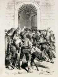 Espanja (1873). Ensimmäisen tasavallan julistaminen ja Barcelonan kaupungintalon rynnäkkö (11. helmikuuta 1873). Etsaus.