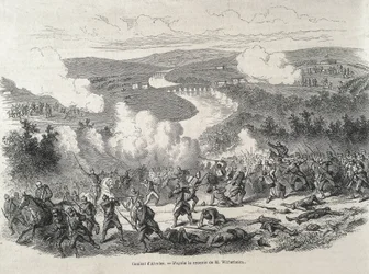 Espanja. Vuoden 1868 vallankumous. Alcolean taistelu (20. syyskuuta), joka johti Isabel II:n syrjäyttämiseen. Kaiverrus