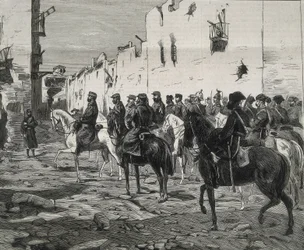 Espanja. Ensimmäinen tasavalta (1873-1874). Cartagenan kantoni. Kenraali Jose Lopez Dominguez Cartagenassa kantonistien antautumisen jälkeen. Kuva julkaistu julkaisussa "La Ilustracion Espanola y Americana". Etsaus.