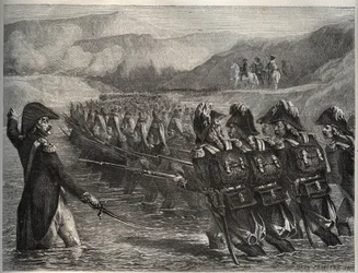 Ensimmäisen koalition sota - Tagliamenton kulku - Napoleon Bonaparte johtaa ranskalaisia joukkoja Tagliamento-jokea pitkin.