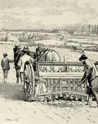 YHDISTYNYT KUNINGASKUNTA. ENGLANTI. Teollinen vallankumous. Jethro Tull keksi porakoneen. Ohran kylvö helmikuussa. Gunning Kingin piirros, joka on julkaistu The Illustrated London News -lehdessä. Kaiverrus.