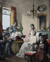 Wolfgang Amadeus Mozart (1756-1791) kuolemaisillaan, johtaa soittajajoukkoa juuri valmistuneeseen Requieminsä (Mozart (1756-1791) viimeisinä päivinään johtaa soittajajoukkoa Requieminsä soittoa varten).