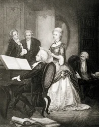 Wolfgang Amadeus Mozart säestää pianolla sopraano Caterina Cavalieria.