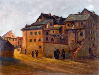 ""Näkymä Krakovan juutalaiskorttelille, Puola"" Krakovan juutalaiskortteli, kirjoittanut Markowicz, Artur (1872-1934), - Öljy kankaalle, 21x27,5 - Yksityiskokoelma
