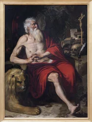 Pyhä Hieronymus mietiskelemässä, Artus Wolffortille (1581-1641) kuuluva maalaus. Valokuvaus, KIM Youngtae, Lyon, Musee des Beaux Arts de Lyon.
