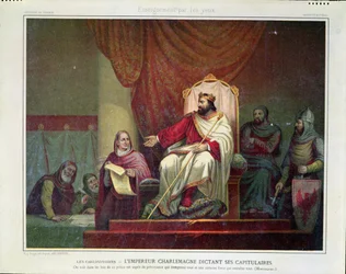 Kaarle Suuri (742-814) antaa Herstalin kapitularion vuonna 779, kaivertanut Eugène Ronjat, n. 1860-80