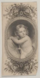Seteliaihe: lapsen muotokuva ja kaksi kuviollista soikiota, joita ympäröi kukkakuvio, n. 1824-37.