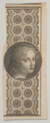 Leonardo da Vincistä peräisin oleva seteliaihe, jossa tytön pää kuviota vastaan..., n. 1824-37.