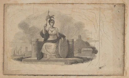 Setelivinjetti, jossa naishahmo edustaa Amerikkaa, n. 1824-37.
