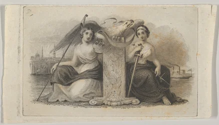 Setelivinjetti, jossa naishahmot edustavat Liberty and Justicea, n. 1824-37.