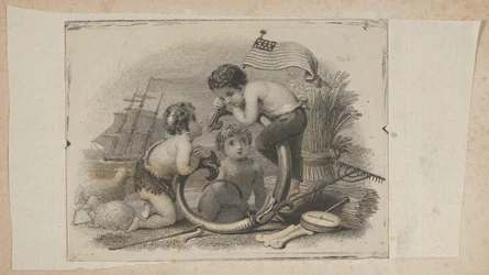 Setelivinjetti, jossa kolme puttia paimenena, maanviljelijänä ja merimiehenä, n. 1824-37.
