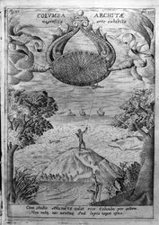 Taranton Archytas (435-347 eKr.) lentää puukyyhkystä. Athanasius Kircherin (1601-1680), jesuiitta, orientalisti ja tutkija, kaiverrus "Mundus Subterraneuksesta".
