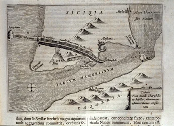 Kartografinen esitys Kharybdiksestä ja Skyllasta Messinansalmessa, Sisiliassa. Kaiverrus jesuiitta, orientalisti ja oppinut Athanasius Kircherin (1601-1680) teoksesta "Mundus Subterraneus", 1682