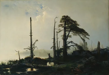 Järvi sumussa (öljy kankaalle)