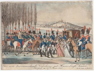 Napoleon esittelee keisarinna Marie-Luisen perheelle paviljongin ulkopuolella lähellä Soissonsa