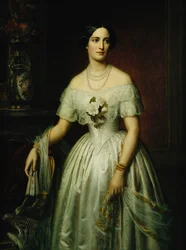 Muotokuva naisesta seisomassa kolme neljäsosaa, jolla on valkoinen mekko, 1851 ja 1876