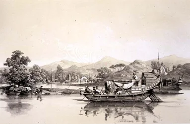 Kiinalainen lautta Tchynayn ja kantonin tullin välillä, levy 18 julkaisusta "Sketches of China", kaiverrus Eugene Ciceri (1813-90) 1842 (sävytetty litho)