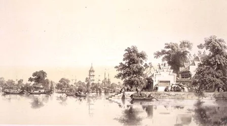 Temppeli, pagodi ja kylä Macaon ja kantonin kanavalla, levy 22 julkaisusta "Sketches of China", kaiverrus Eugene Ciceri (1813-90) 1842 (sävytetty litho)