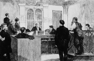 Bow Streetin poliisituomioistuinsali Lontoossa vuonna 1884 (kaiverrus).