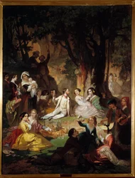 Tasting Champetre Scene piknikistä porvarillisessa yhteiskunnassa. Barthelemy Glaizesin (1807-1893) maalaus 1850 Montpellier, Fabre Museum