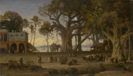 Kuutamoinen kohtaus intiaanihahmoista ja norsuista Banyan-puiden keskellä, Ylä-Intia (luultavasti Lucknow)
