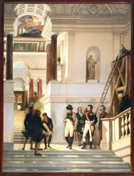Napoleon I vierailee Louvren portaikossa arkkitehtien Percierin ja Fontainen seurassa ...