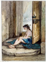 Kuva Jean de La Fontainen tarinasta "Mies, joka juoksee onnen perässä ja mies, joka odottaa häntä sängyssään". Akvarelli Auguste Delierre (1829-n. 1890)