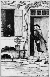 Ermenonvillen kylän seurakunta kutsuu filosofi Jean Jacques Rousseaun (1712-1778) presbyteriinsä. Oise (60). Kuvitus Auguste Francois Gorguet (1862-1927)