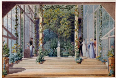 Vierailu Malmaisonin linnan lämmitetyssä kasvihuoneessa, 1823. Mitat: 0,16 x 0,24 m. Malmaison, Musée du Château