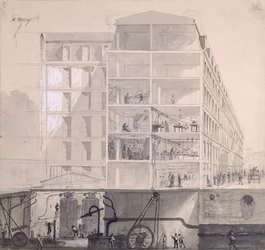 Poikkileikkaus työläisistä, jotka asuvat Pariisin XI. kaupunginosassa, n. 1875 (kynä ja muste ja guassi paperilla)