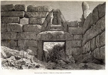 Gate of the Lions in Mycenae - piirros A. Deroy, "" Round the World"" 1877 2. lukukausi