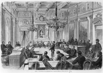 Kommuunin jäsenet istunnossa Hotel de Villessa, Salle des Mairesissa, Pariisissa, 1871